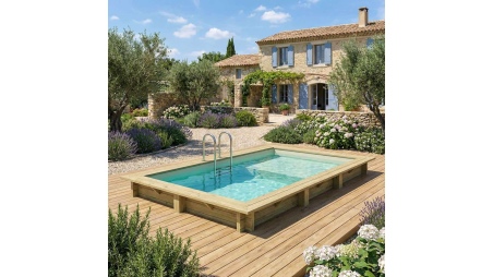 Piscina de madera AQUA 4.65 x 2.85 - H.1.24 m con playa, arena, con vigas a atornillar a la solera
