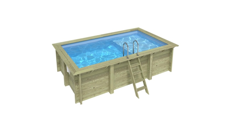 Piscina de madera AQUA 4.65 x 2.85 – H.1.24 m con playa, azul claro, sobre bastidor - sin solera