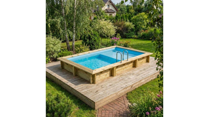 Piscina de madera AQUA 4.65 x 2.85 – H.1.24 m con playa, azul claro, sobre bastidor - sin solera