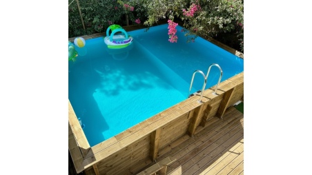 Piscina de madera AQUA 6.1 x 2.85 - H.1.31 m con playa, azul claro, con vigas a encastrar en la solera