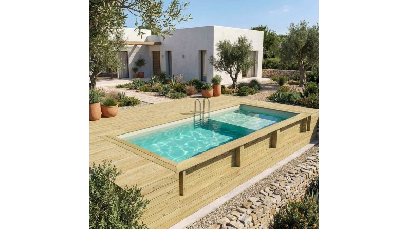 Piscina de madera AQUA 6.1 x 2.85 - H.1.31 m con playa, arena, con vigas a encastrar en la solera
