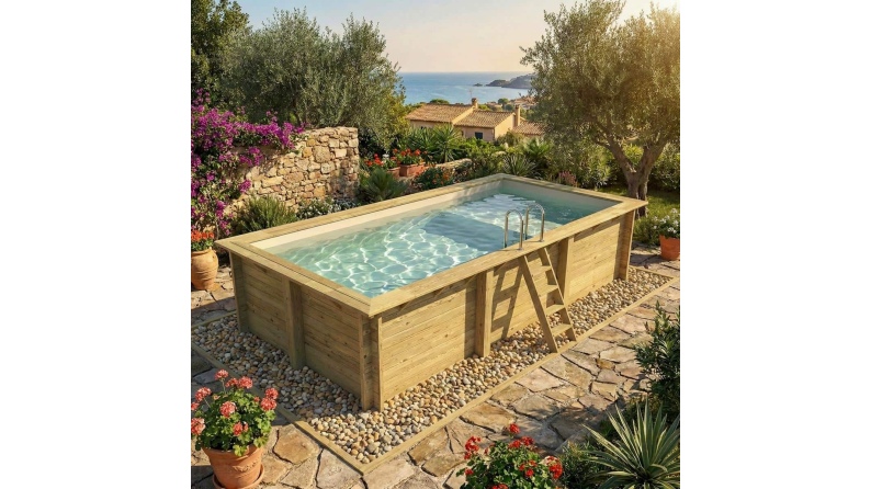 Piscina de madera AQUA 6.1 x 2.85 – H.1.31 m con playa, arena, sobre bastidor - sin solera