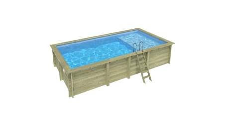 Piscina de madera AQUA 7 x 3.75 - H.1.45 m con playa, azul claro, con vigas a encastrar en la solera