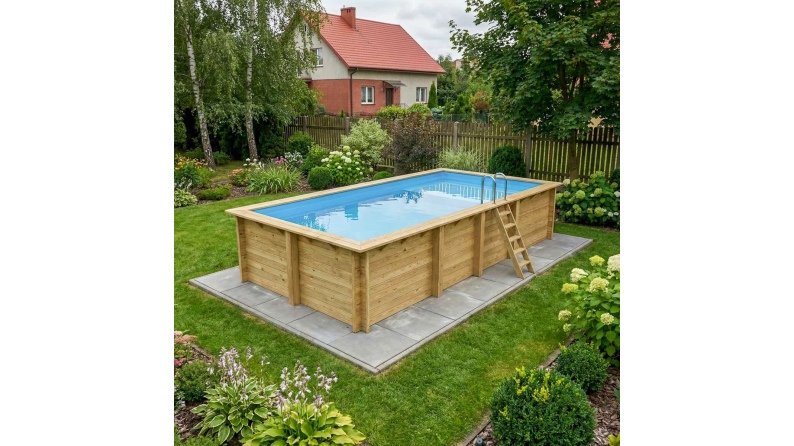 Piscina de madera AQUA 7 x 3.75 - H.1.45 m con playa, azul claro, con vigas a encastrar en la solera