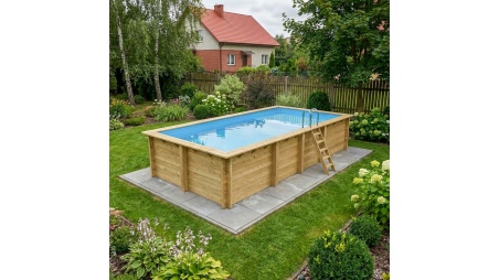 Piscina de madera AQUA 7 x 3.75 - H.1.45 m con playa, azul claro, con vigas a encastrar en la solera
