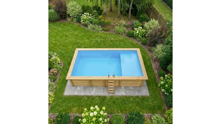 Piscina de madera AQUA 7 x 3.75 - H.1.45 m con playa, azul claro, con vigas a encastrar en la solera