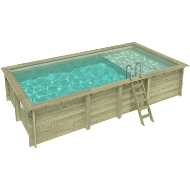Piscina de madera AQUA 7 x 3.75 - H.1.45 m con playa, arena, con vigas a encastrar en la solera
