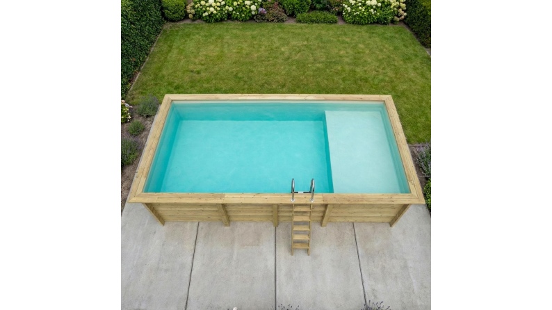 Piscina de madera AQUA 7 x 3.75 - H.1.45 m con playa, arena, con vigas a encastrar en la solera