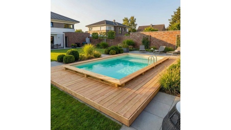 Piscina de madera AQUA 7 x 3.75 - H.1.45 m con playa, arena, con vigas a encastrar en la solera
