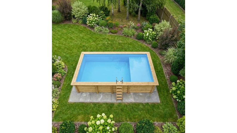 Piscina de madera AQUA 7 x 3.75 - H.1.45 m con playa, azul claro, con vigas a atornillar a la solera