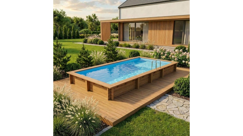 Piscina de madera AQUA 7 x 3.75 - H.1.45 m con playa, azul claro, con vigas a atornillar a la solera