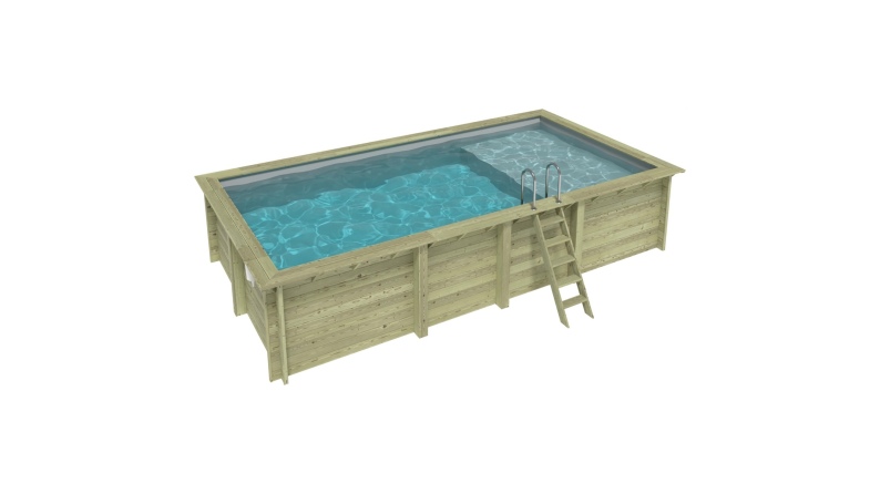 Piscina de madera AQUA 7 x 3.75 - H.1.45 m con playa, gris, con vigas a atornillar a la solera