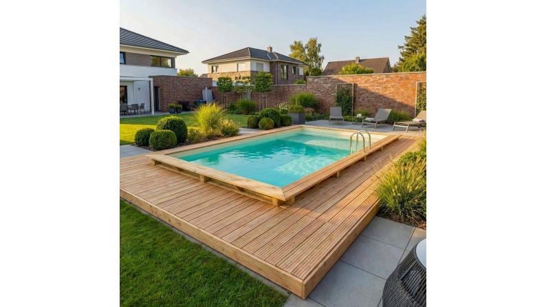 Piscina de madera AQUA 7 x 3.75 - H.1.45 m con playa, arena, con vigas a atornillar a la solera