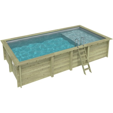 Piscina de madera AQUA 7 x 3.75 – H.1.45 m con playa, gris, sobre bastidor - sin solera