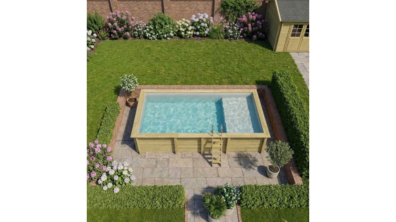 Piscina de madera AQUA 7 x 3.75 – H.1.45 m con playa, gris, sobre bastidor - sin solera