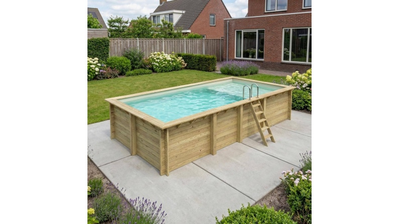 Piscina de madera AQUA 7 x 3.75 – H.1.45 m con playa, arena, sobre bastidor - sin solera