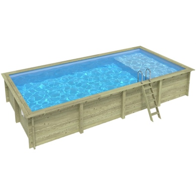 Piscina de madera AQUA 8.5 x 4.35 - H.1.45 m con playa, azul claro, con vigas a encastrar en la solera