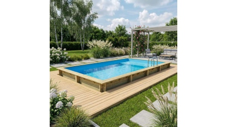 Piscina de madera AQUA 8.5 x 4.35 - H.1.45 m con playa, azul claro, con vigas a encastrar en la solera