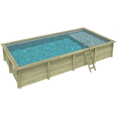 Piscina de madera AQUA 8.5 x 4.35 - H.1.45 m con playa, gris, con vigas a encastrar en la solera