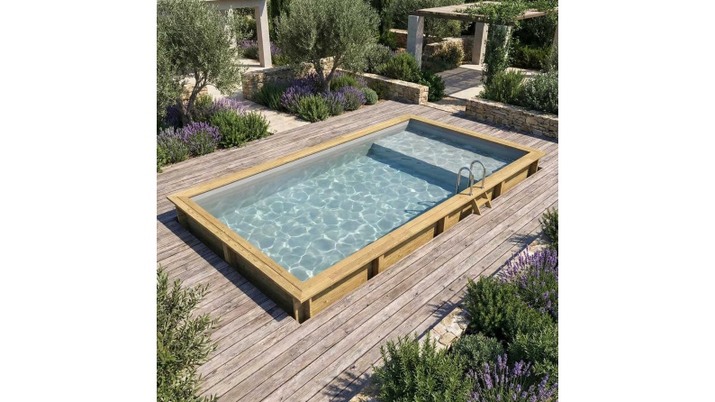Piscina de madera AQUA 8.5 x 4.35 - H.1.45 m con playa, gris, con vigas a encastrar en la solera