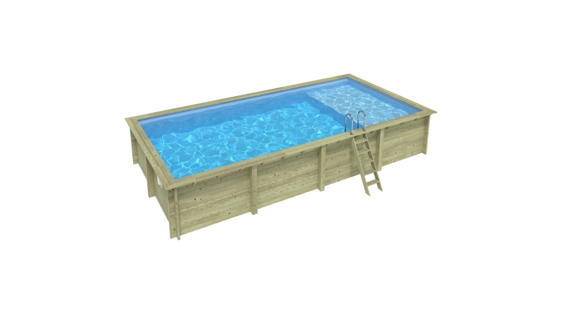 Piscina de madera AQUA 8.5 x 4.35 - H.1.45 m con playa, azul claro, con vigas a atornillar a la solera