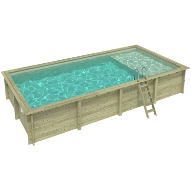 Piscina de madera AQUA 8.5 x 4.35 - H.1.45 m con playa, arena, con vigas a atornillar a la solera