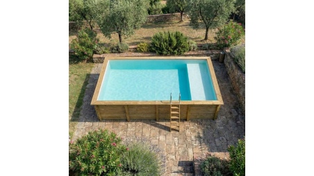 Piscina de madera AQUA 8.5 x 4.35 - H.1.45 m con playa, arena, con vigas a atornillar a la solera