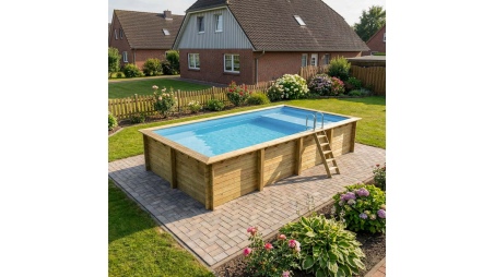 Piscina de madera AQUA 8.5 x 4.35 – H.1.45 m con playa, azul claro, sobre bastidor - sin solera