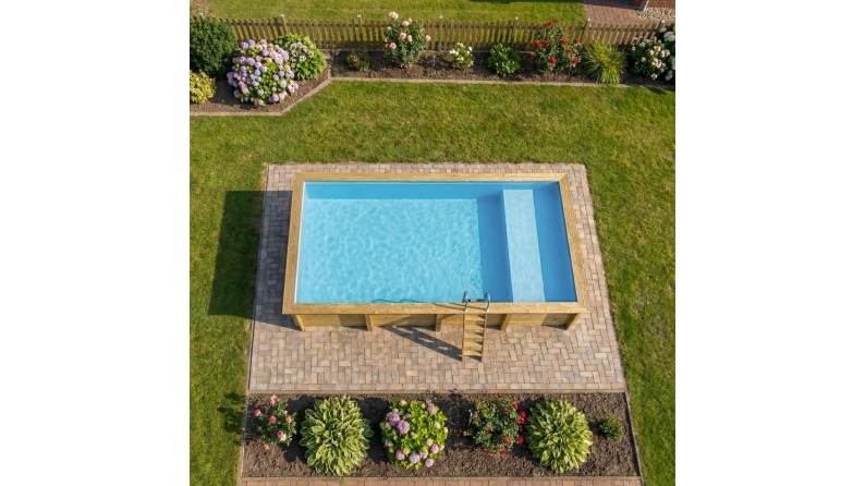 Piscina de madera AQUA 8.5 x 4.35 – H.1.45 m con playa, azul claro, sobre bastidor - sin solera
