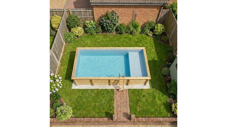 Piscina de madera AQUA 8.5 x 4.35 – H.1.45 m con playa, gris, sobre bastidor - sin solera