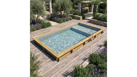 Piscina de madera AQUA 8.5 x 4.35 – H.1.45 m con playa, gris, sobre bastidor - sin solera