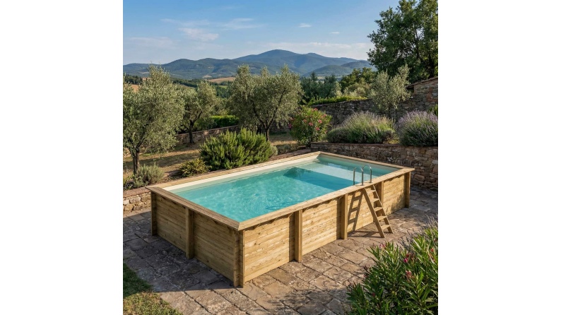 Piscina de madera AQUA 8.5 x 4.35 – H.1.45 m con playa, arena, sobre bastidor - sin solera