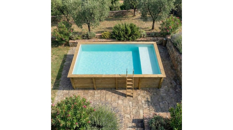 Piscina de madera AQUA 8.5 x 4.35 – H.1.45 m con playa, arena, sobre bastidor - sin solera