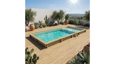 Piscina de madera AQUA 8.5 x 4.35 – H.1.45 m con playa, arena, sobre bastidor - sin solera