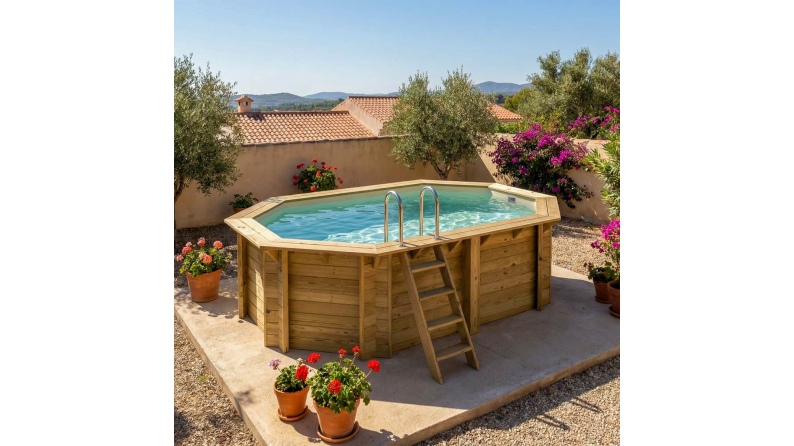 Piscina de madera NEMO 4.3 x 3 – H.1.18 m, arena, con vigas a encastrar en la solera