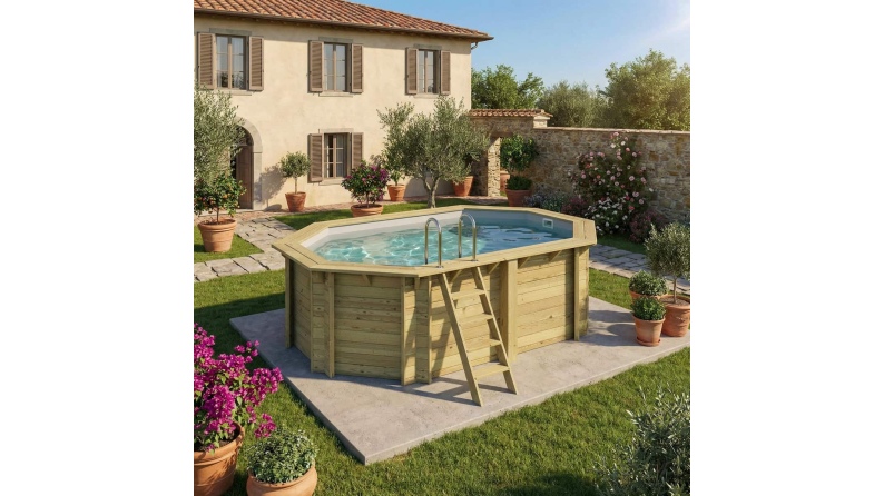 Piscina de madera NEMO 4.3 x 3 – H.1.31 m, gris, con vigas a encastrar en la solera