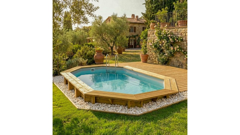 Piscina de madera NEMO 4.3 x 3 – H.1.31 m, gris, con vigas a encastrar en la solera