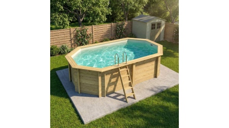 Piscina de madera NEMO 5.79 x 3.49 – H.1.45 m, arena, con vigas a encastrar en la solera