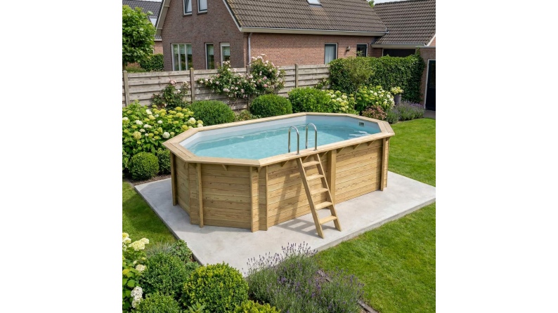 Piscina de madera NEMO 5.79 x 3.49 – H.1.45 m, gris, sobre bastidor - sin solera