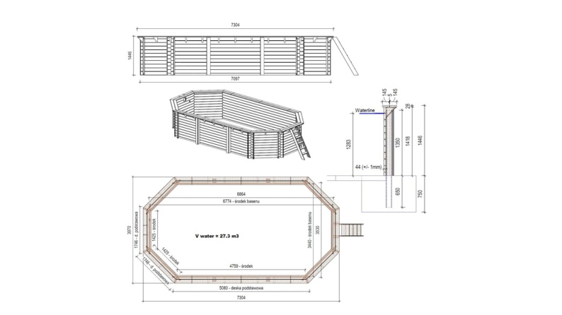 Piscina de madera NEMO 7.3 x 3.97 – H.1.45 m, gris, con vigas a encastrar en la solera