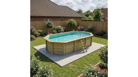 Piscina de madera NEMO 7.3 x 3.97 – H.1.45 m, arena, con vigas a encastrar en la solera