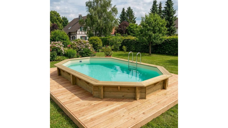 Piscina de madera NEMO 7.3 x 3.97 - H.1.45 m, arena, con vigas a atornillar a la solera