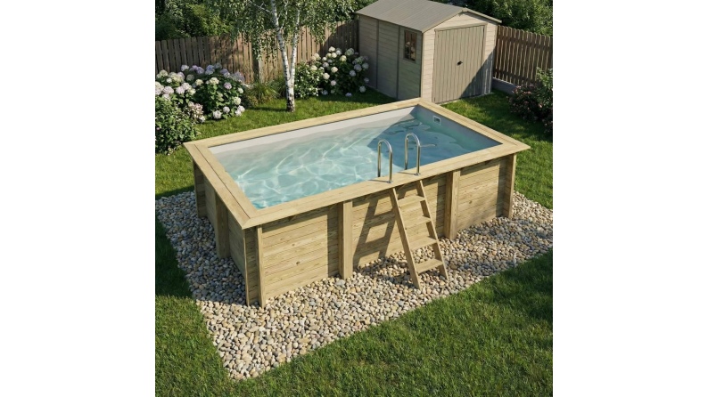 Piscina de madera AQUA 4.65 x 2.85 – H.1.24 m, gris, con vigas a encastrar en la solera
