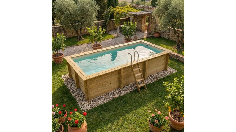Piscina de madera AQUA 6.1 x 2.85 – H.1.31 m, arena, con vigas a encastrar en la solera