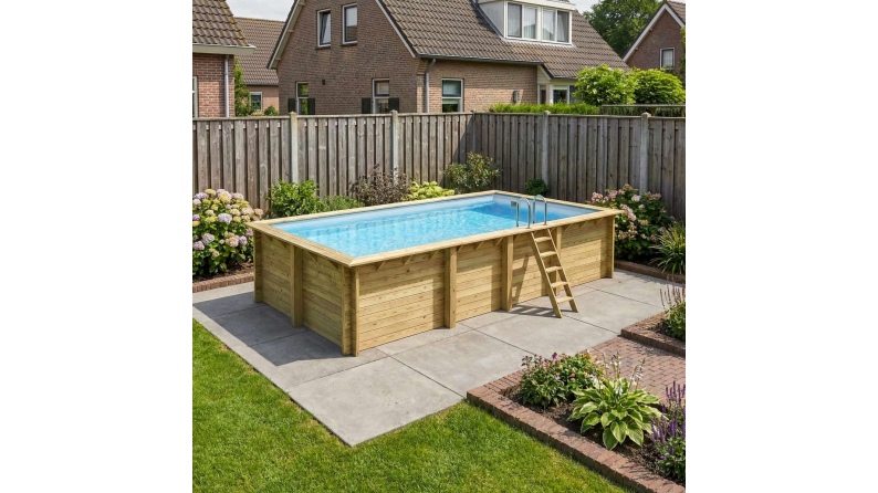 Piscina de madera AQUA 7 x 3.75 - H.1.45 m, gris, con vigas a atornillar a la solera