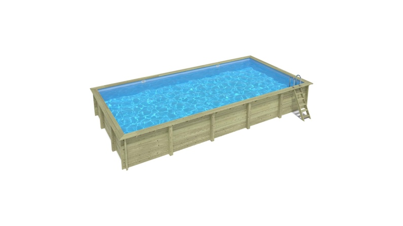 Piscina de madera AQUA 10.2 x 5.2 – H.1.45 m, azul claro, con vigas a encastrar en la solera