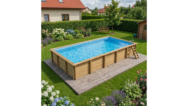 Piscina de madera AQUA 10.2 x 5.2 – H.1.45 m, azul claro, con vigas a encastrar en la solera