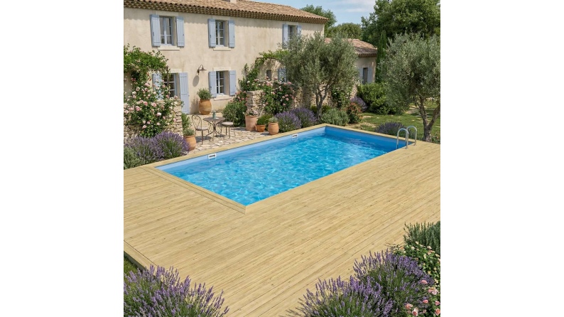 Piscina de madera AQUA 10.2 x 5.2 – H.1.45 m, azul claro, con vigas a encastrar en la solera