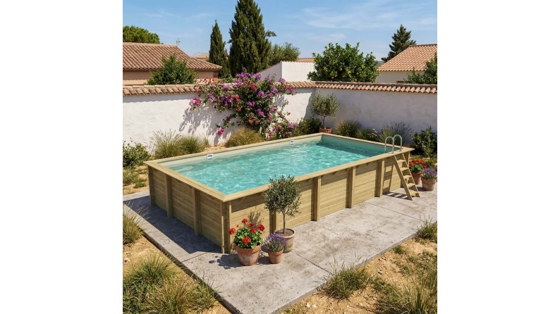 Piscina de madera AQUA 10.2 x 5.2 – H.1.45 m, arena, con vigas a encastrar en la solera