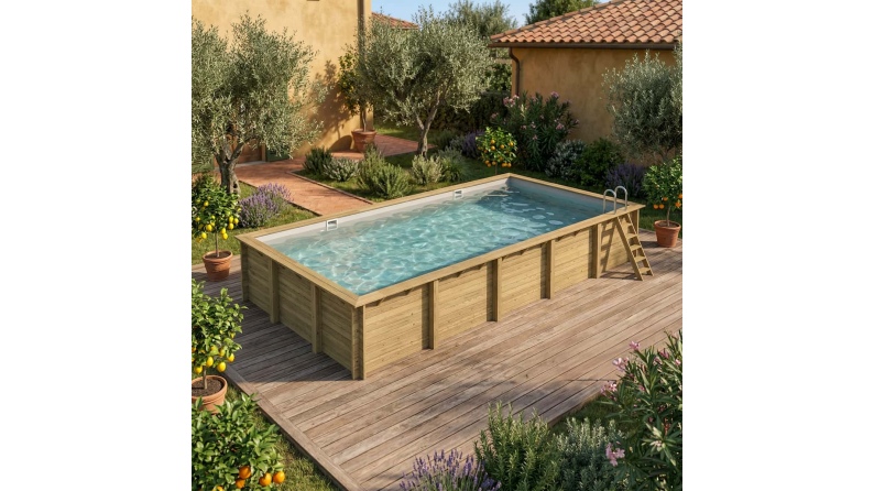 Piscina de madera AQUA 10.2 x 5.2 – H.1.45 m, gris, sobre bastidor - sin solera